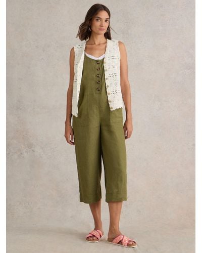 White Stuff Viola Linen Cropped Dungarees - Green