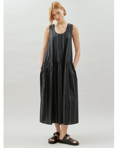 Albaray Drop Gathered Waist Stripe Dress - Black