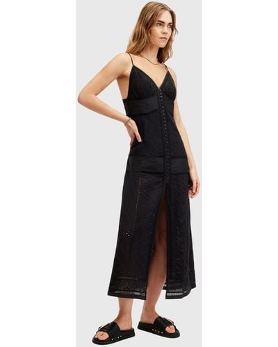 AllSaints Dahlia Embroidered Organic Cotton Blend Maxi Dress - Black