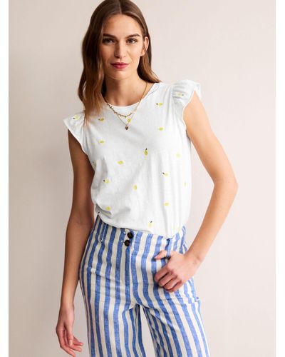 Boden Dora Embroidered Lemons Flutter Sleeve Top - Blue