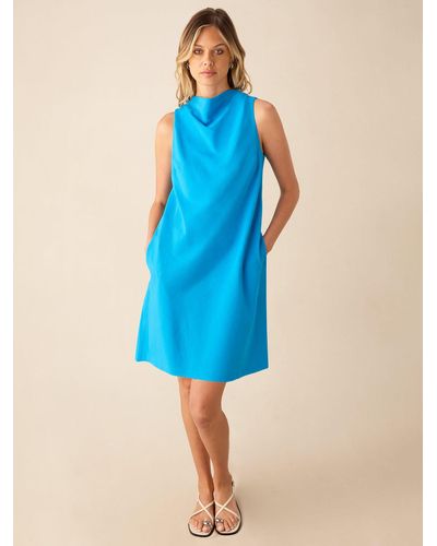 Ro&zo High Cowl Neck Linen Blend Shift Dress - Blue