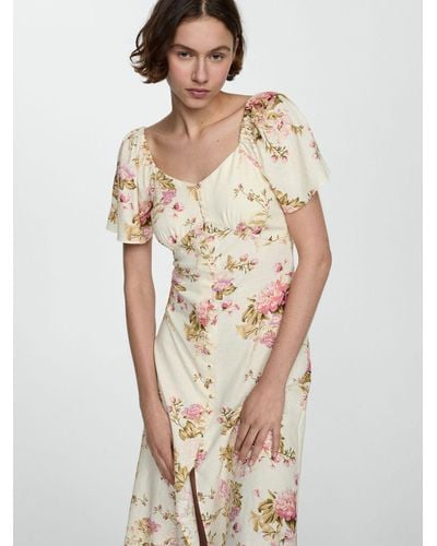 Mango Buttoned Floral Print Linen Blend Midi Dress - Multicolour