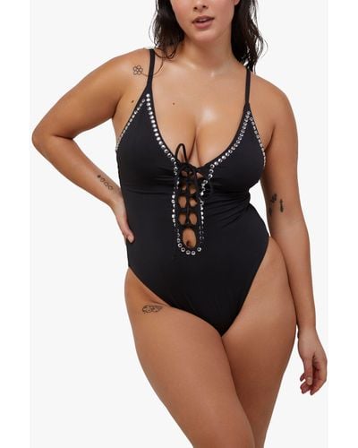 Wolf & Whistle Gabrielle Fuller Bust Eco Studded Lace Up Swimsuit - Black