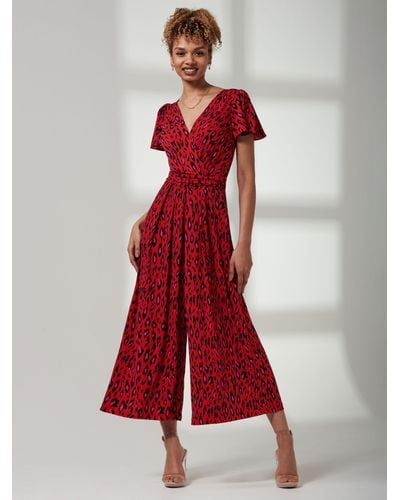 Jolie Moi Sanda Leopard Print Wide Leg Jumpsuit - Red