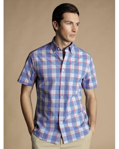 Charles Tyrwhitt Overcheck Short Sleeve Non-iron Poplin Shirt - Blue