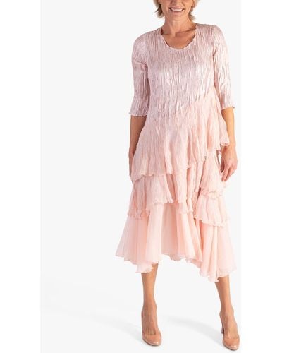 Chesca Satin Chiffon Crush Pleated Tiered Dress - Pink