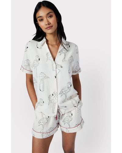 Chelsea Peers Flamingo Print Cotton Cheesecloth Short Pyjamas - White
