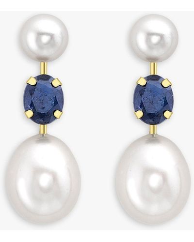 Ib&b 9ct Gold Double Pearl & Sapphire Drop Earrings - White