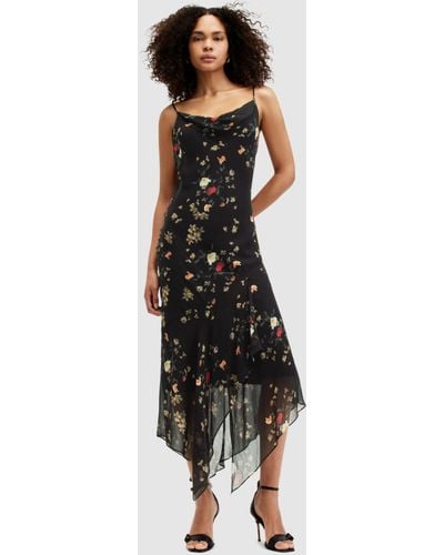 AllSaints Charlotte Kora Floral Print Midi Slip Dress - Black