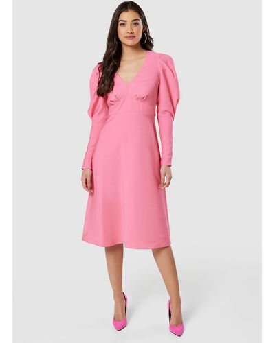 Closet V-neck Puff Sleeve Midi Dress - Pink