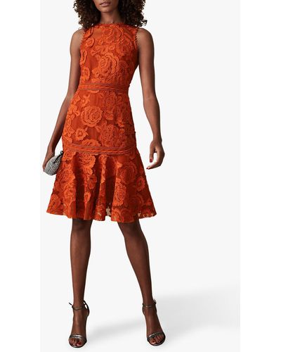 Reiss Adia - Lace Fit And Flare Dress - Orange
