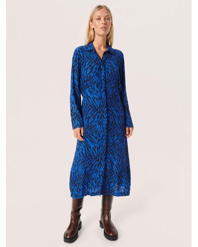 Soaked In Luxury Ina Animal Print Midi Shirt Dress - Blue