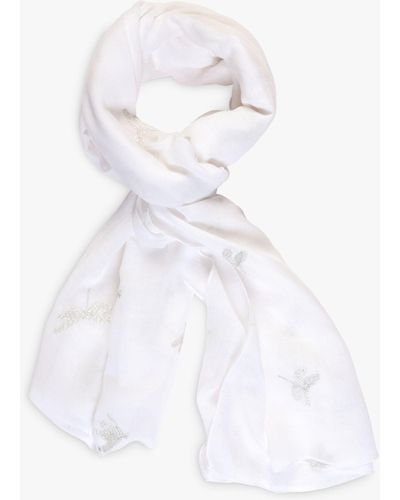 Chesca Voile Emboidered Dragonflies Scarf - White