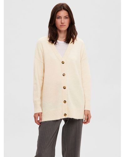 SELECTED Ribbed Edge Longline Wool Blend Cardigan - Natural