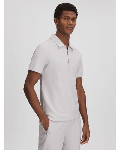 Reiss Felix - Silver Textured Cotton Half Zip Polo Shirt, Xs - White