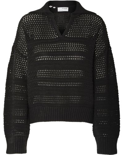 SELECTED Fina Open Knit Collared Jumper - Black