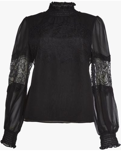 True Decadence Bethany High Neck Lace Trim Blouse - Black