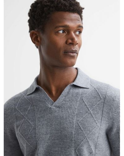 Reiss Malik Long Sleeve Knitted Polo Shirt - Grey