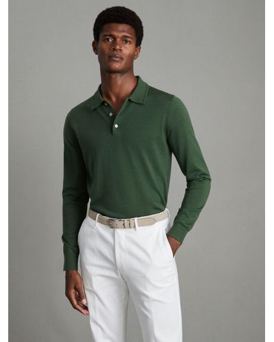 Reiss Trafford Knitted Wool Long Sleeve Polo Top - Green