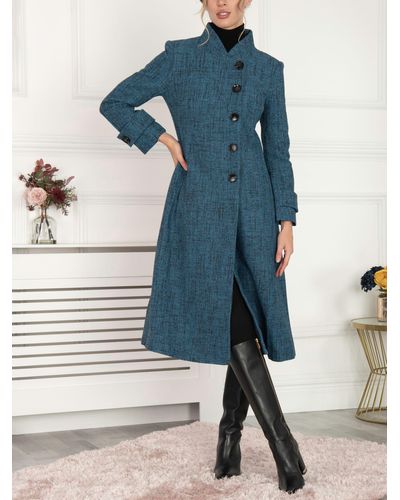 Jolie Moi Sandra Textured Longline Linen Blend Coat - Blue