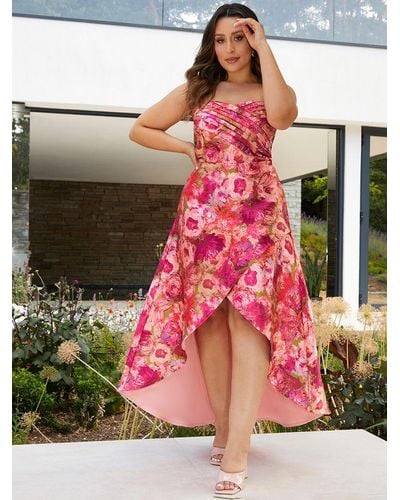 Chi Chi London Floral Print Strapless Wrap Effect Midi Dress - Pink