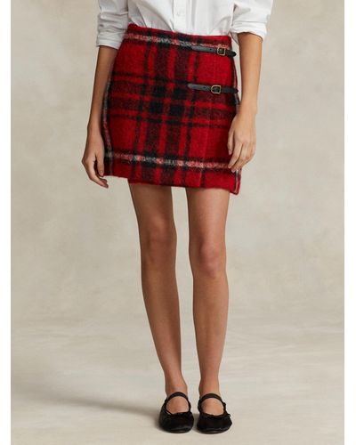 Ralph Lauren Polo Leather Trim Wool Blend Plaid Wrap Mini Skirt - Red