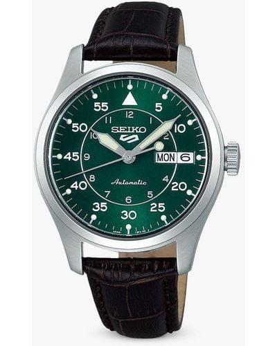 Seiko Srpj89k1 5 Field X Flieger Suits Day Date Automatic Leather Strap Watch - Green