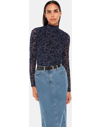 Whistles Crew Neck Floral Mesh Top - Blue