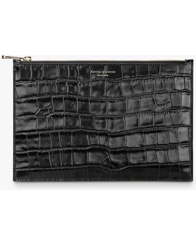 Aspinal of London Essential Deep Shine Croc Leather Large Flat Pouch - Black