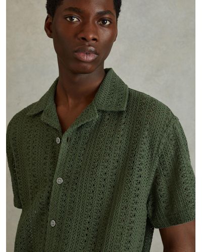 Reiss Paradise Cotton Crochet Cuban Collar Shirt - Green