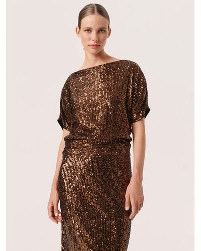 Soaked In Luxury Suse Asymmetrical Sleeve Sequin Top - Brown