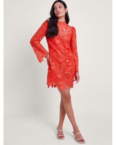 Monsoon Lila Guipure Lace High Neck Mini Dress - Red