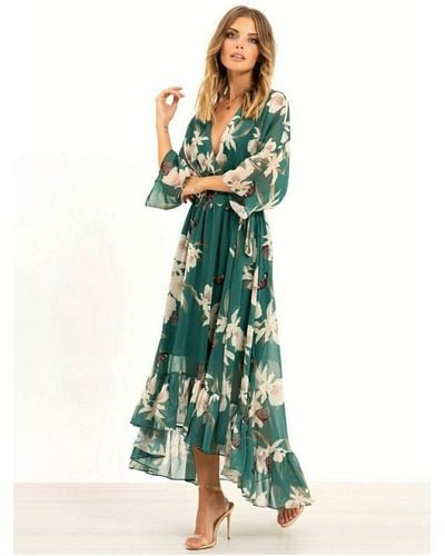Yumi' Urban Touch Floral Print Dipped Hem Midi Dress - Green