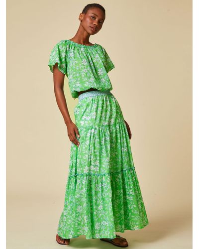 Aspiga Block Floral Print Tiered Maxi Skirt - Green