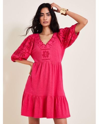 Monsoon Skye Shiffley Broderie Detail Mini Dress - Pink
