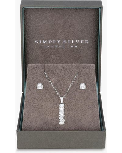 Simply Silver Sterling Silver Icicle Stick Pendant Necklace And Stud Earrings Jewellery Set - Grey
