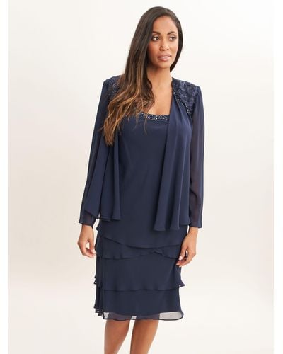 Gina Bacconi Camira Embellished Tiered Dress & Jacket - Blue