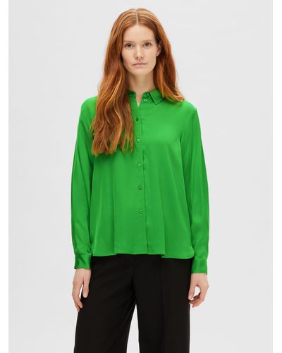 SELECTED Lena Long Sleeve Satin Shirt - Green