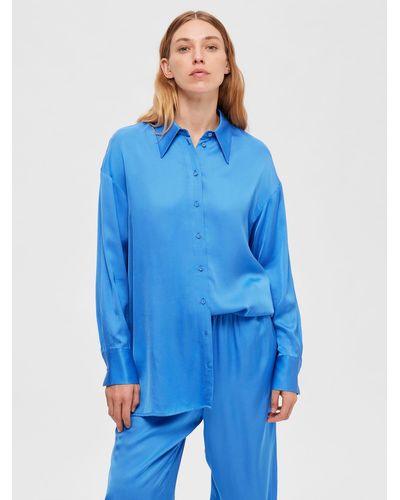 SELECTED Long Sleeve Satin Shirt - Blue