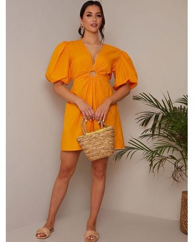 Chi Chi London Ring Puff Sleeve Mini Dress - Orange
