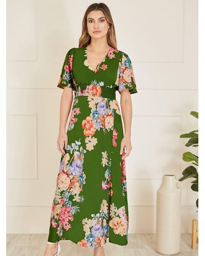 Yumi' Mela London Floral Print Ruched Waist Maxi Dress - Green