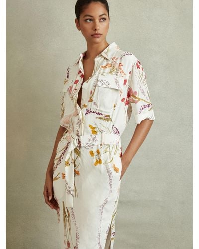 Reiss Faya Floral Print Midi Shirt Dress - Natural