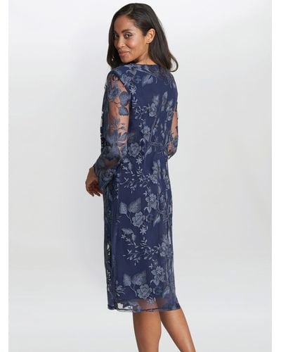 Gina Bacconi Savoy Floral Embroidered Lace Mock Knee Length Dress - Blue