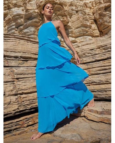 Ro&zo Savannah Chiffon Halterneck Tiered Maxi Dress - Blue