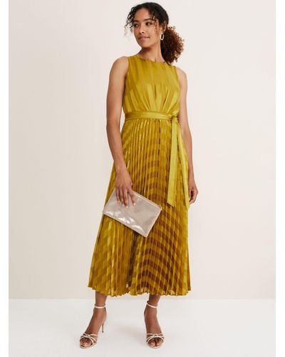 Phase Eight Beverley Striped Pleated Midi Dress - Yellow