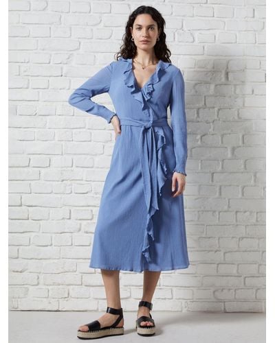 Great Plains Textured Cotton Blend Ruffle Wrap Maxi Dress - Blue
