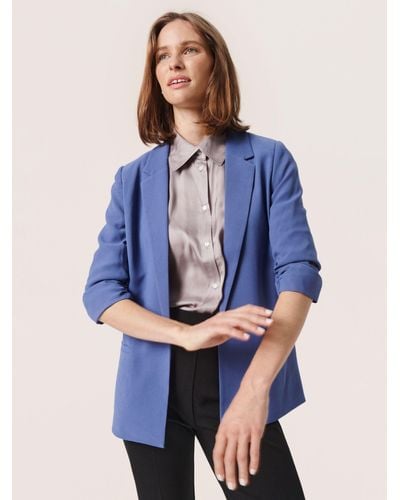 Soaked In Luxury Shirley Plain Ruched Sleeve Blazer - Blue