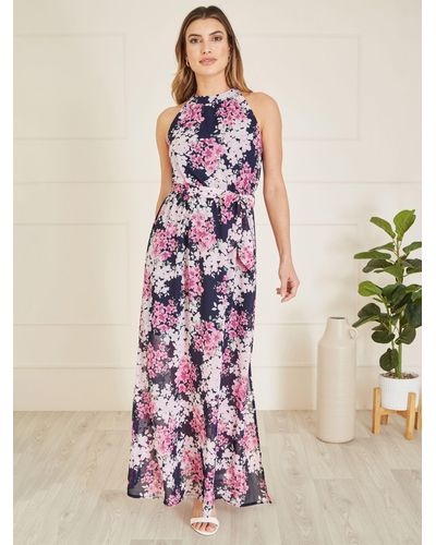 Yumi' Blossom Print Halterneck Maxi Dress - Pink