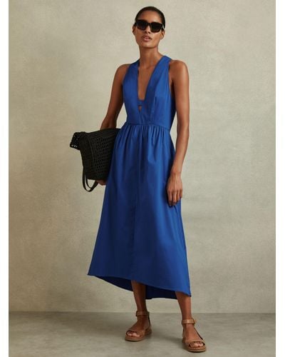 Reiss Yana - Cobalt Blue Petite Cotton Blend High-low Midi Dress