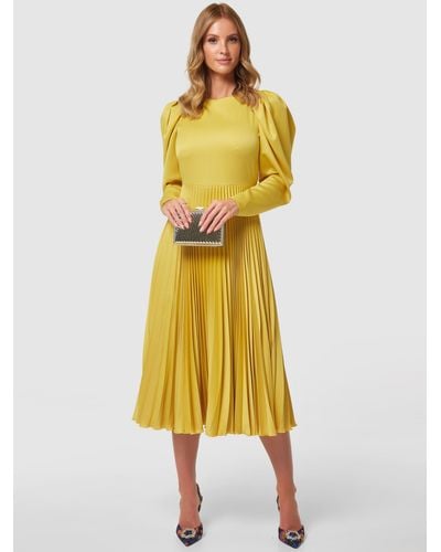 Closet Pleated Puff Sleeve Midi Dress - Yellow